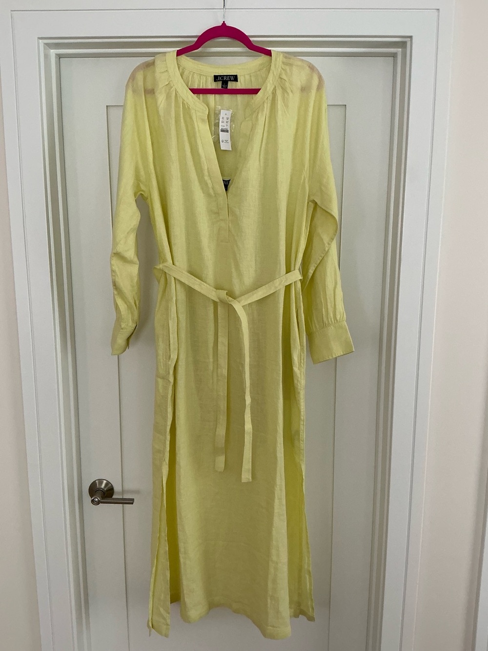 NWT J. Crew yellow linen Tie-Waist Cabana Maxi Dress with slip lining Size Large